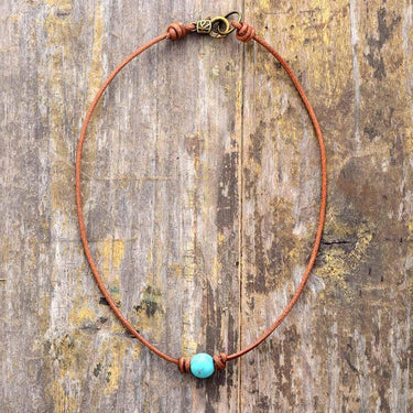 Leather and Turquoise Bead Choker Necklace-Your Soul Place